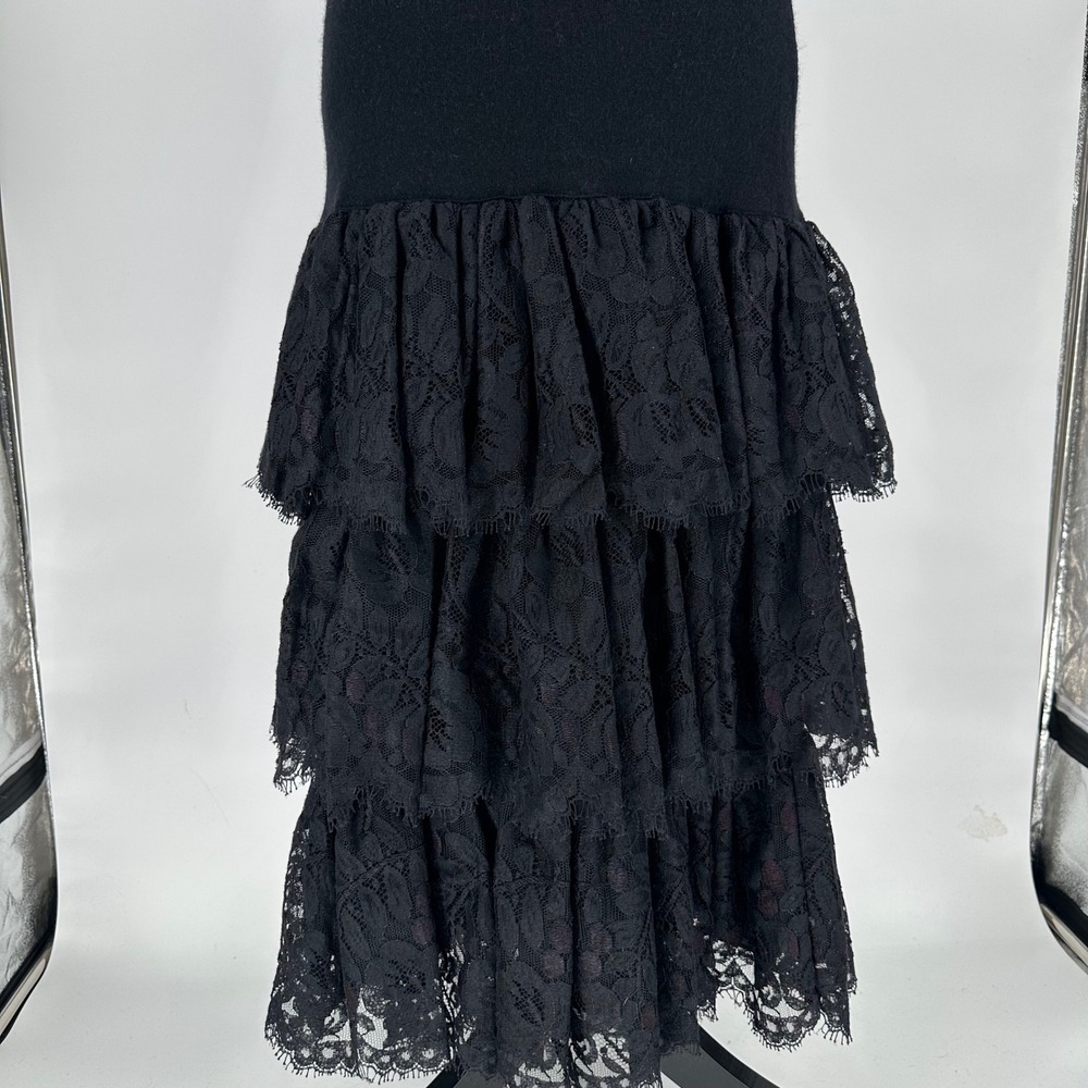 Adrienne Vittadini Black Tiered Ruffle Lace Maxi Skirt Knit Wool Whimsygoth M - Picture 2 of 7